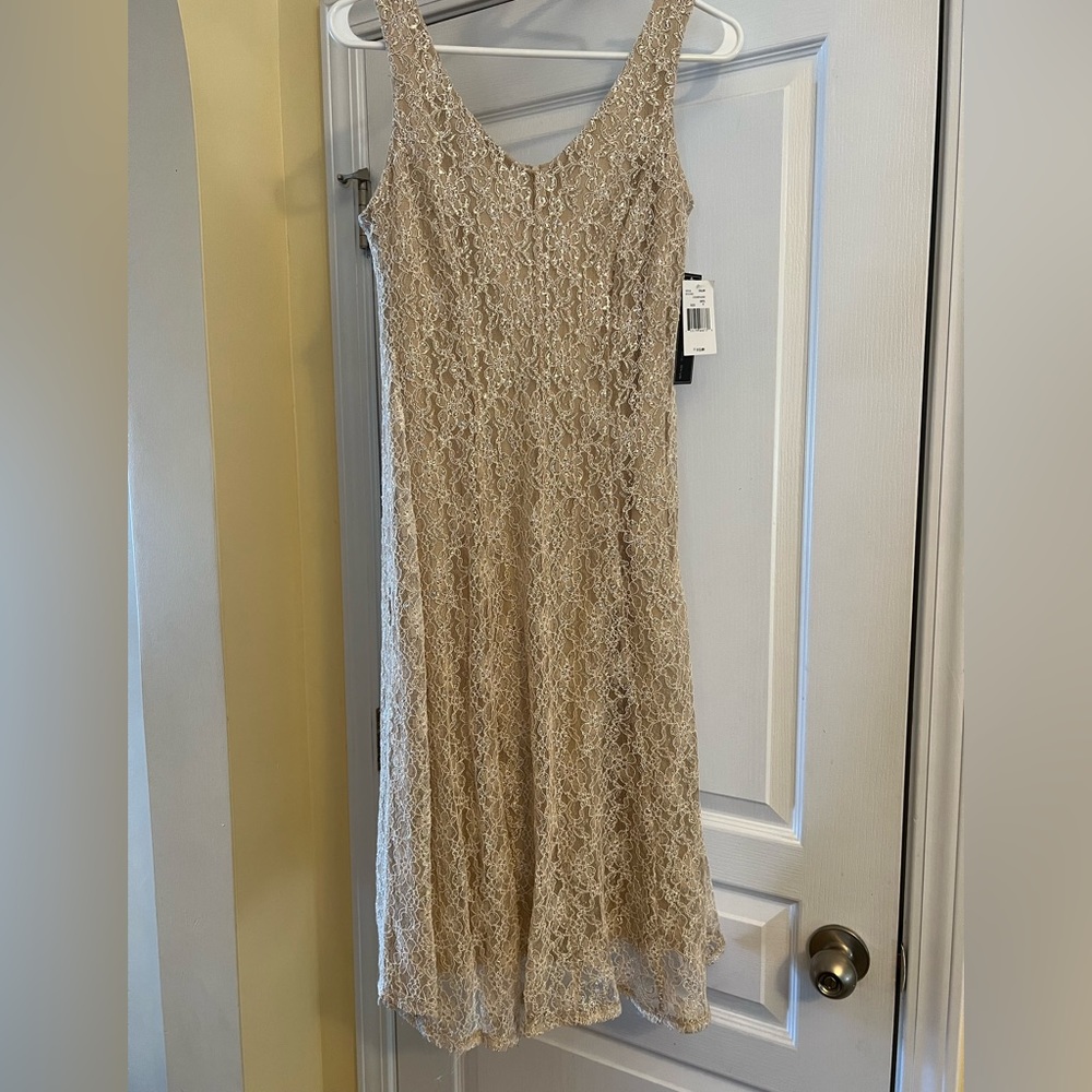 NWT - BEAUTIFUL GLAMOUR BY GABRIELLE SKYE CHAMPAGNE GOLD LACE w/ SEQUIN DRESS ✨